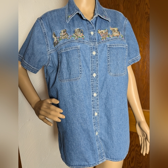 Puppy & Floral Embroidered Short Sleeve Jean Button Up Shirt Large - Picture 2 of 11